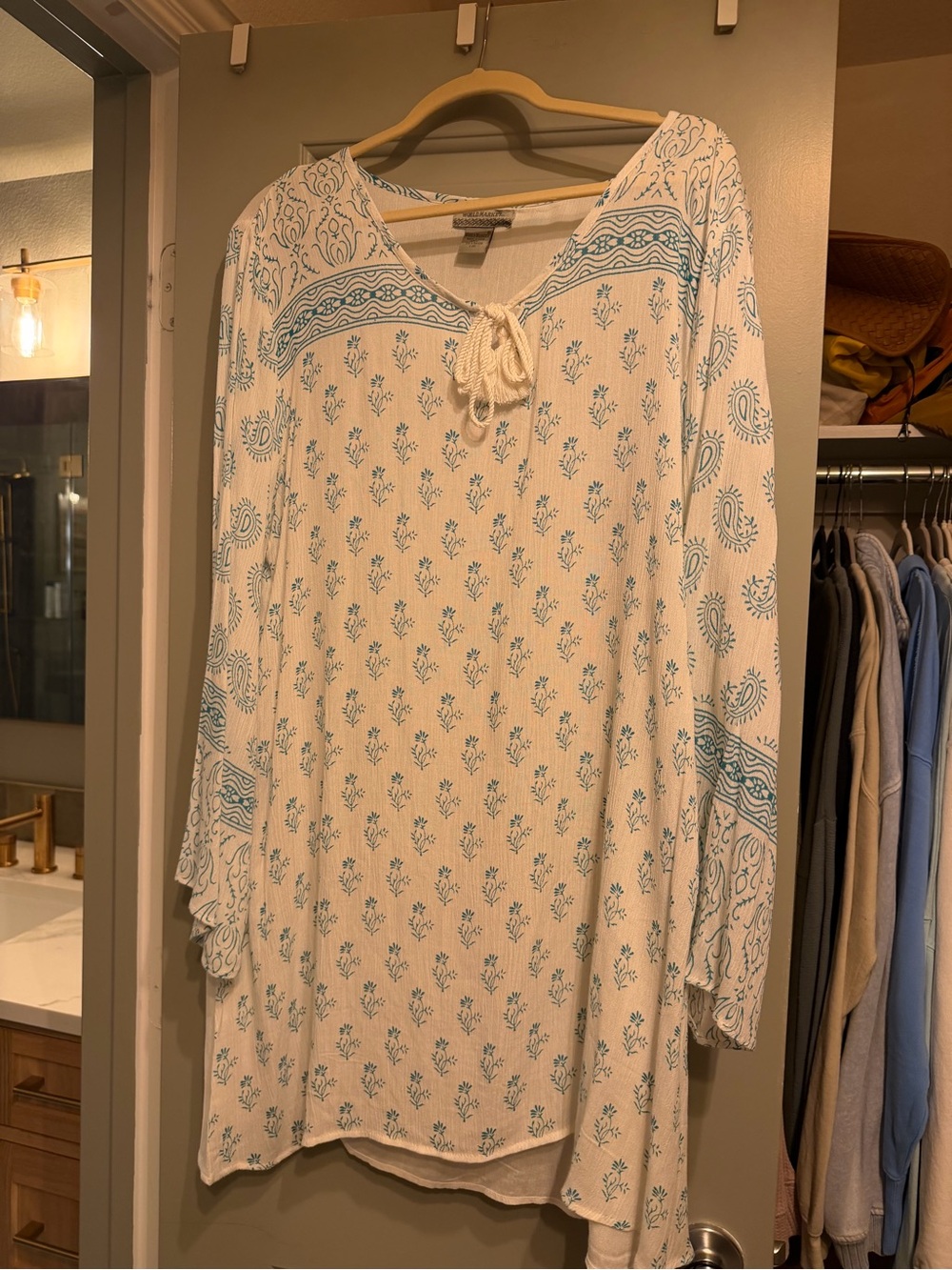 World Market Boho Cream Tunic with Teal Floral Print